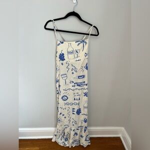 Sleeveless Blue & White Maxi Dress with Graphic Print